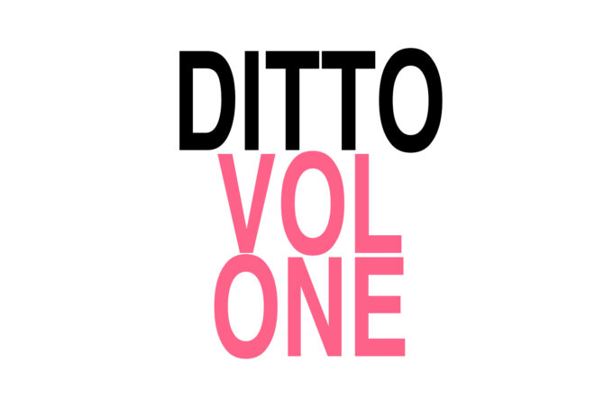 Text on a white background. The word DITTO is in black and the words VOL ONE are in pink